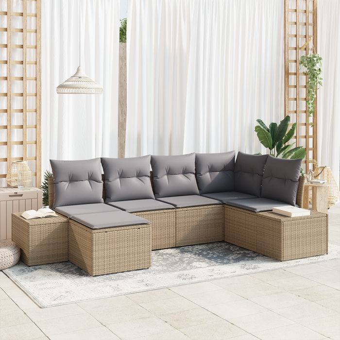 Set Divano da Giardino a 6 Pezzi con Cuscini Beige Rattan Poliestere