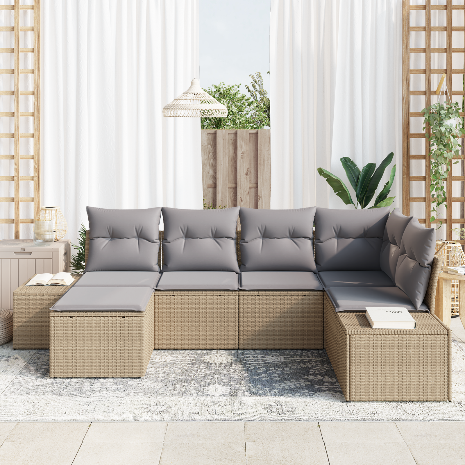 Set Divano da Giardino a 6 Pezzi con Cuscini Beige Rattan Poliestere