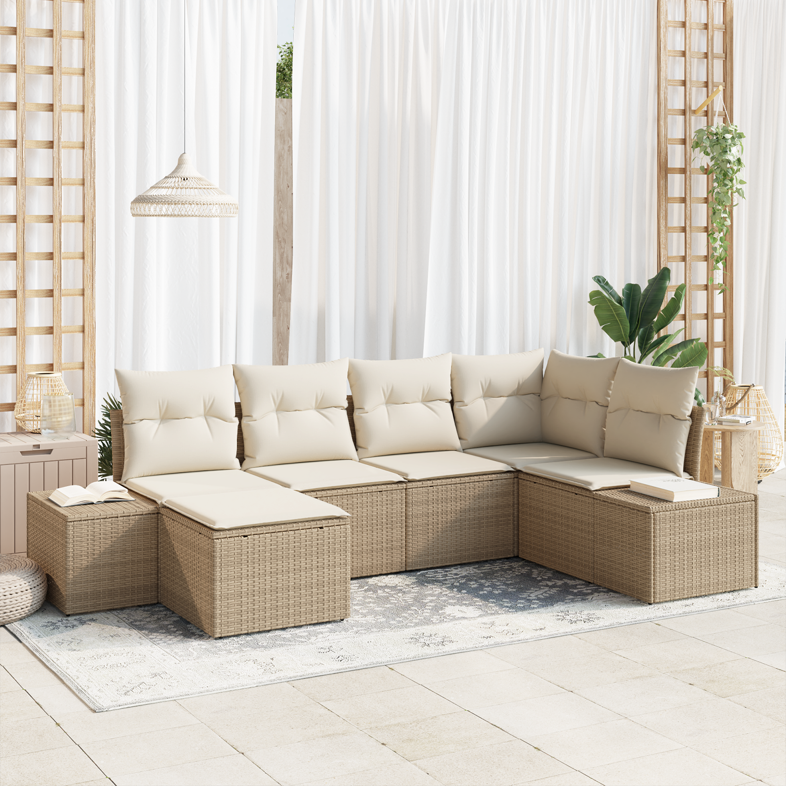 Set Divano da Giardino a 6 Pezzi con Cuscini Beige Polyrattan