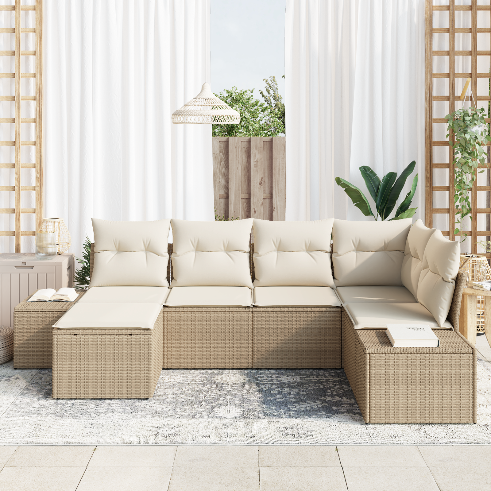 Set Divano da Giardino a 6 Pezzi con Cuscini Beige Polyrattan