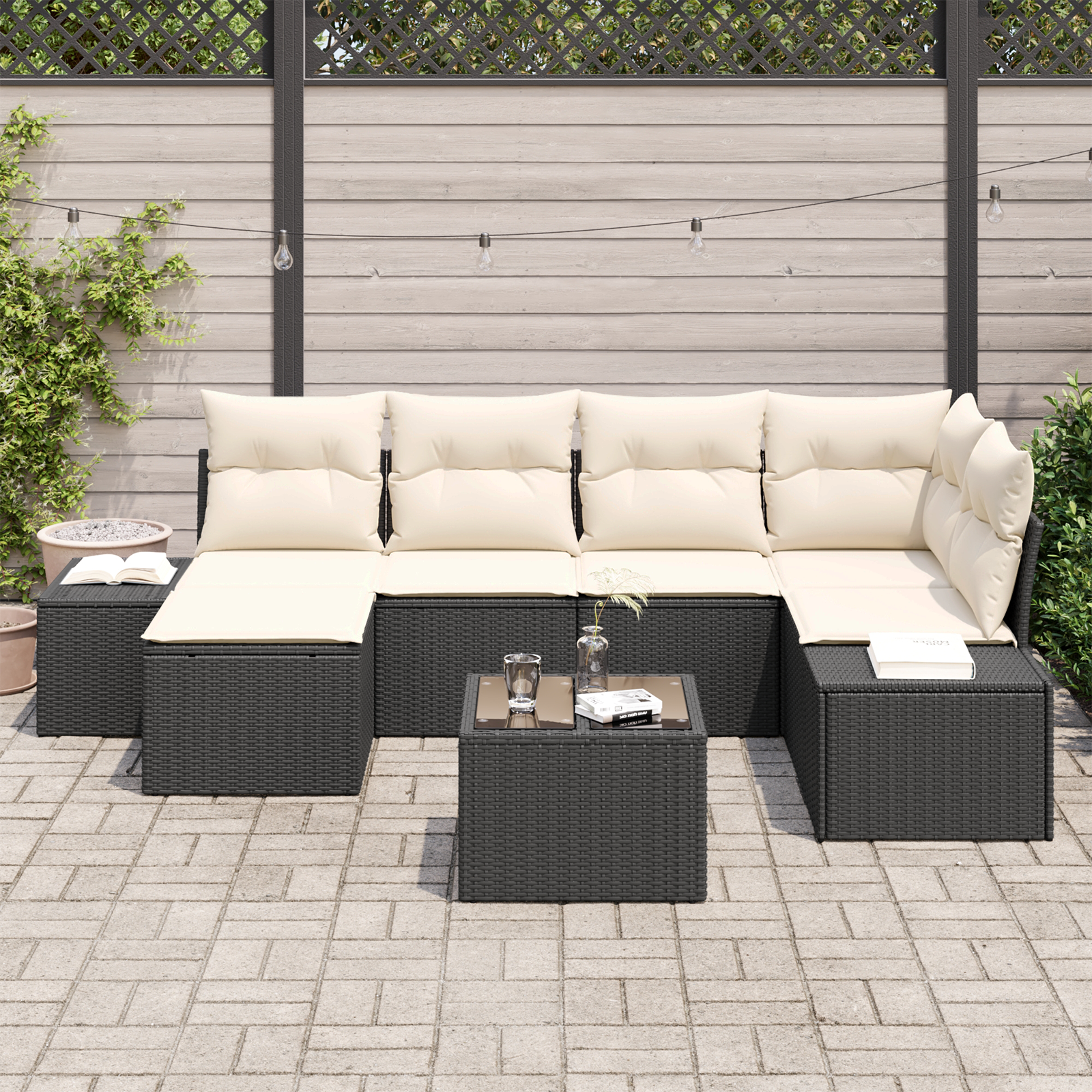 Set di divani da giardino a 6 pezzi con cuscini in polyrattan marrone