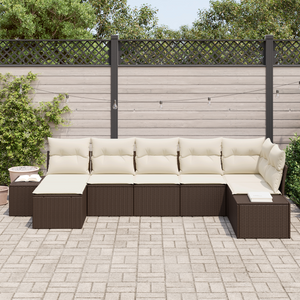 Set da giardino con 7 pezzi e cuscini Marrone Polirattan