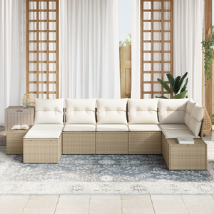 Set di 7 Pezzi di Divano da Giardino con Cuscini Beige Polyrattan