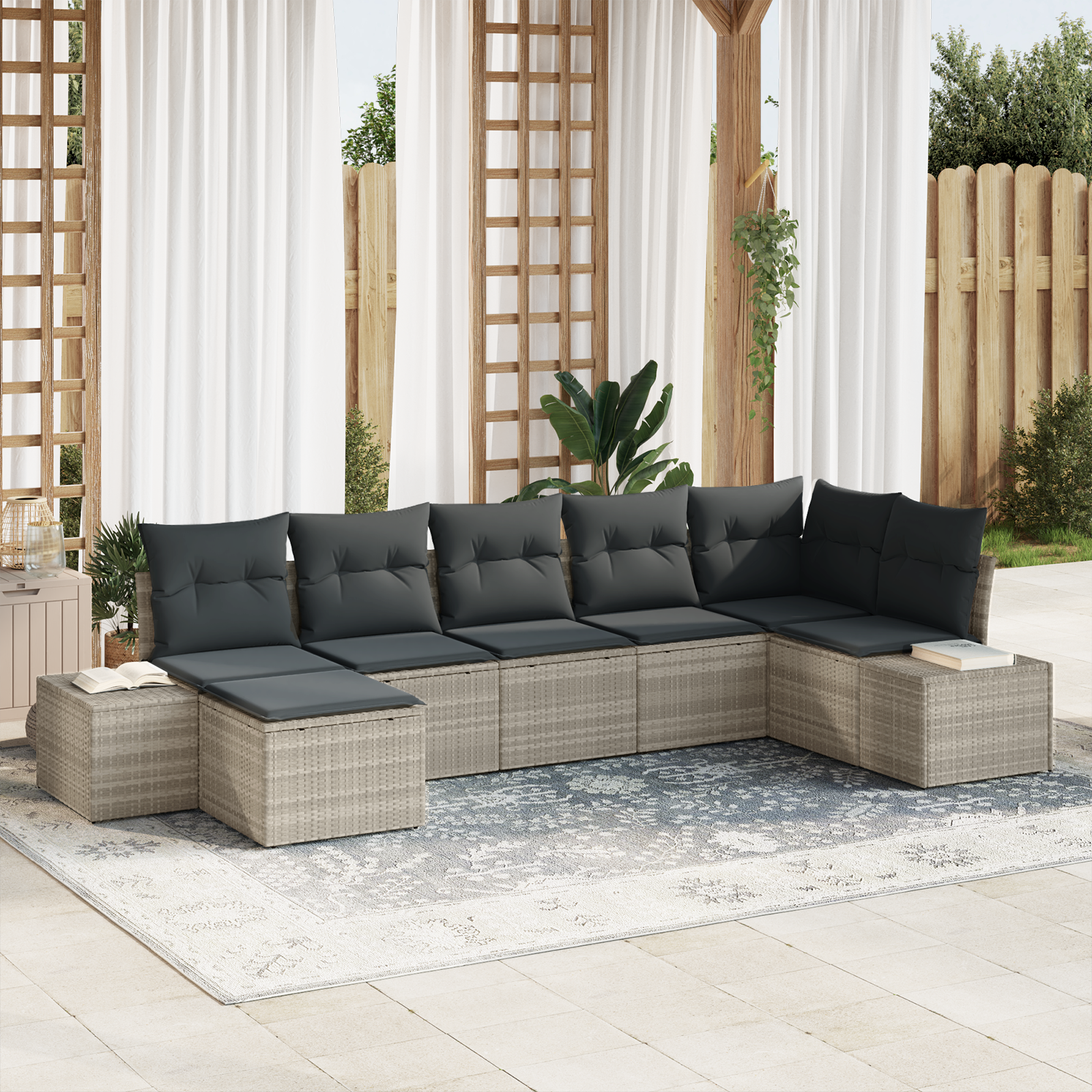 Set Divano da Giardino da 7 Pezzi con Cuscini Grigio Chiaro Rattan