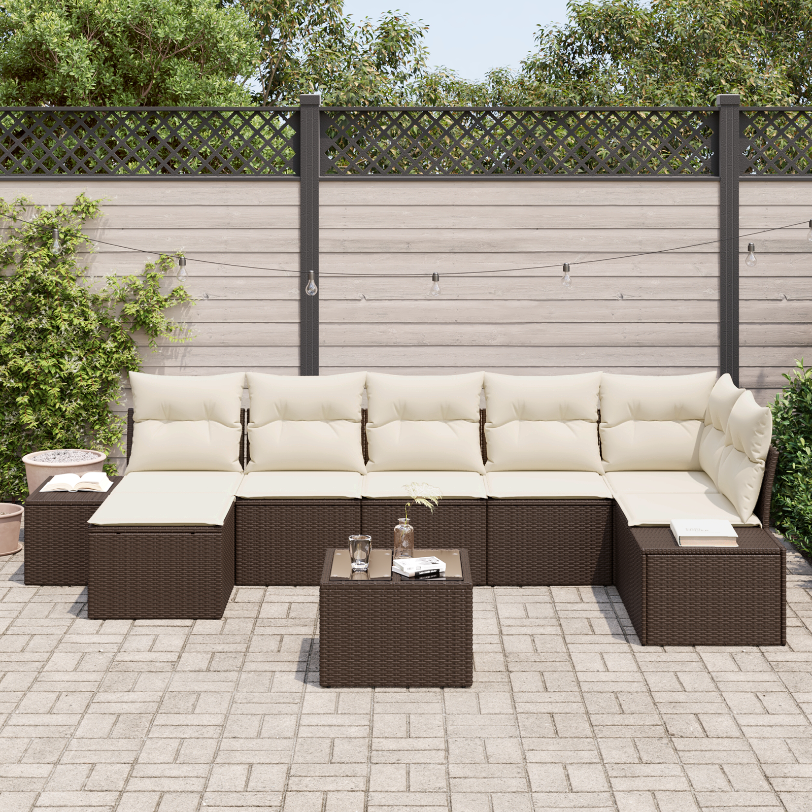 Set di divano da giardino 7 pezzi con cuscini in rattan poli grigio.