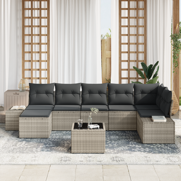 Set Divano da Giardino da 8 Pezzi con Cuscini Grigio Polyrattan