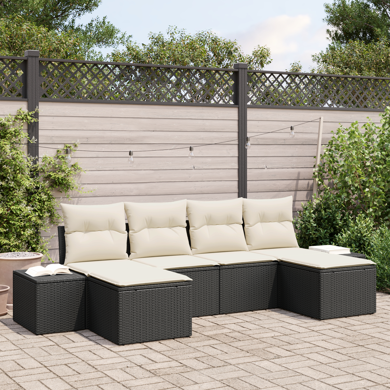 Set Divano da Giardino 6 Pezzi con Cuscini Nero Polyrattan