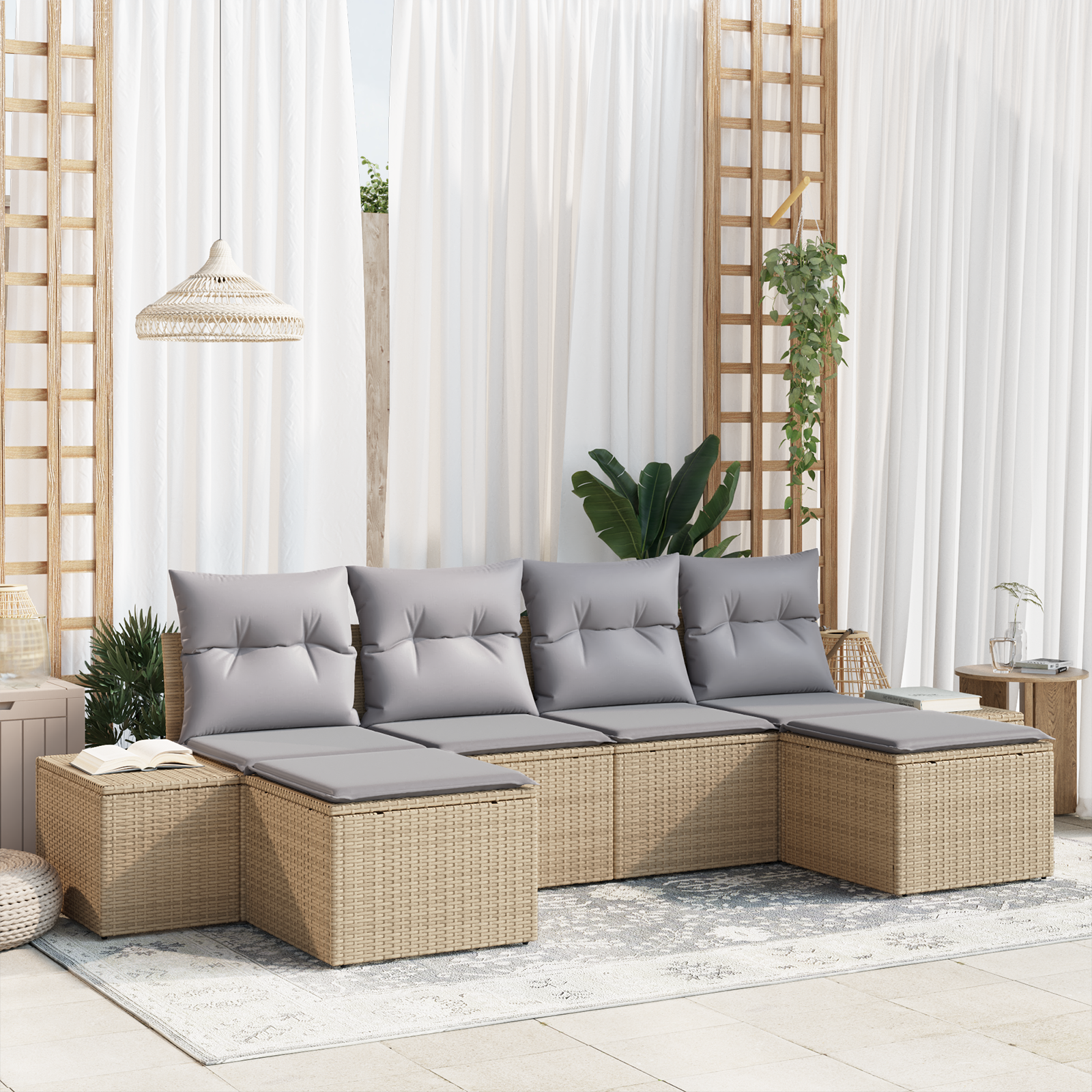 Set di Divani da Giardino 6 Pezzi con Cuscini Beige in Polyrattan