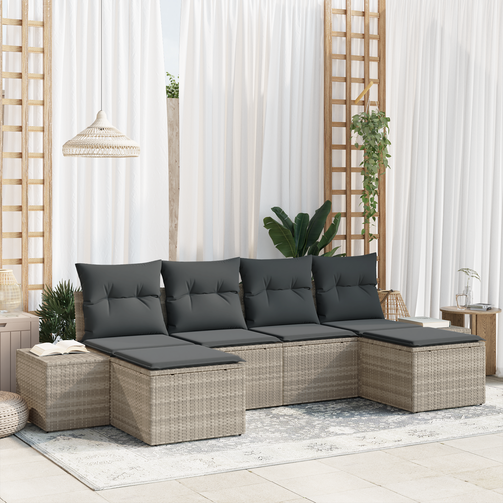 Set di divani da giardino 6 pezzi con cuscini Grigio chiaro Rattan Polietilene
