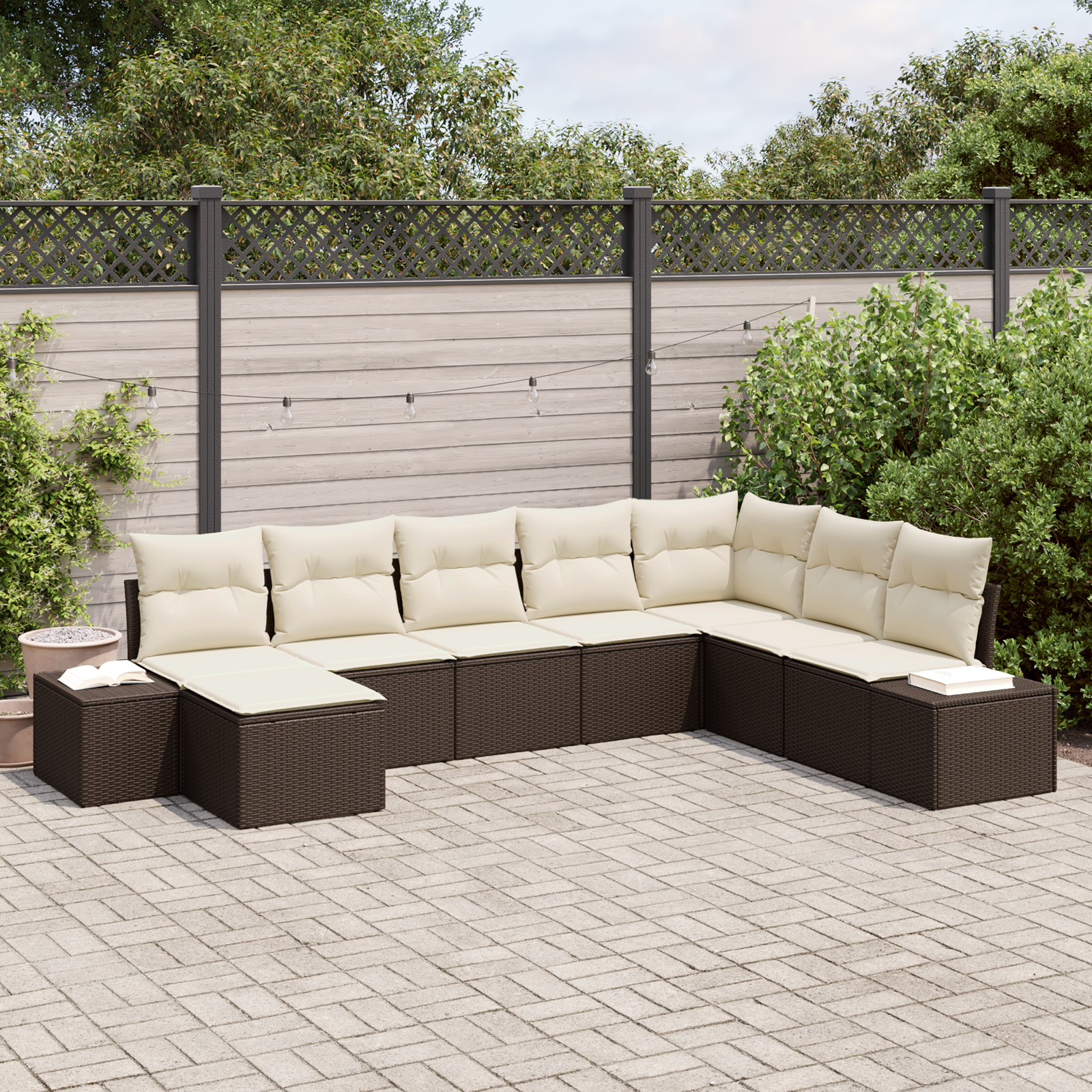 Set Divano da Giardino a 8 Pezzi con Cuscini Marrone Rattan Poliestere