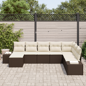 Set Divano da Giardino a 8 Pezzi con Cuscini Marrone Rattan Poliestere