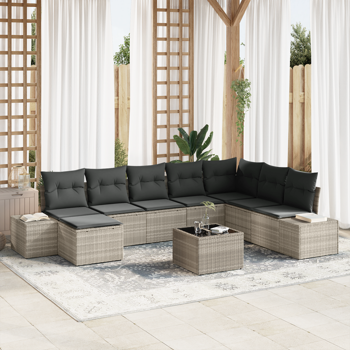 Set di divano da giardino con cuscini grigi in polirattan