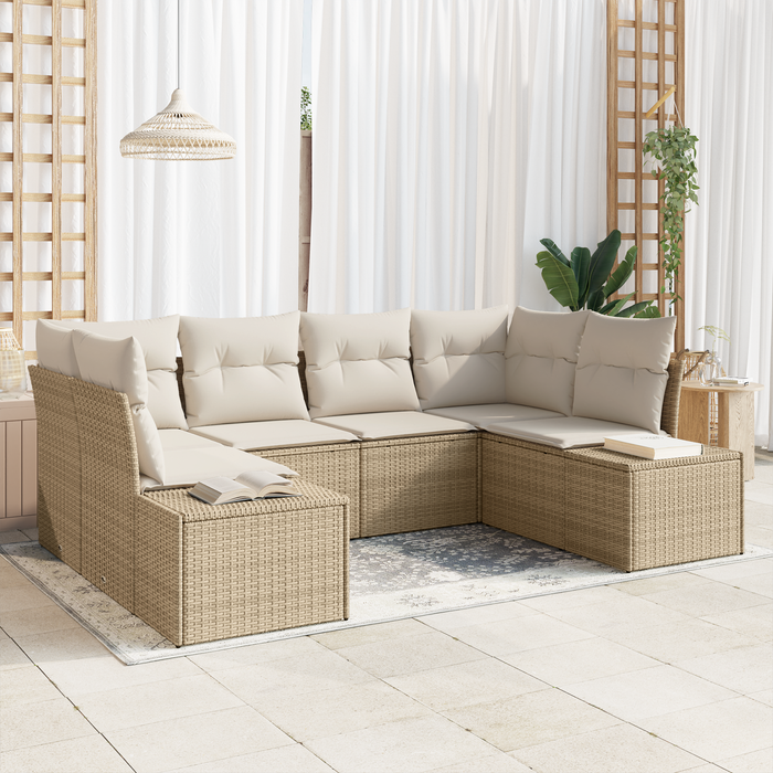 Set Divano da Giardino 6 Pezzi con Cuscini in Rattan Poliestere Beige
