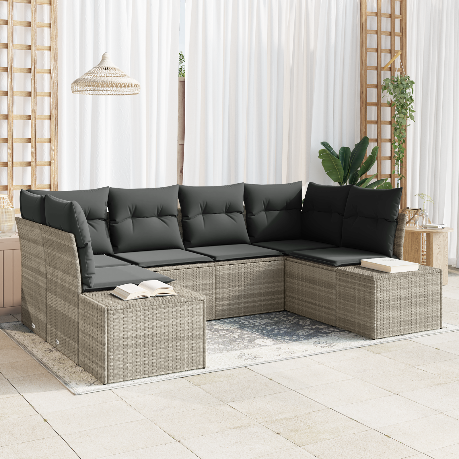 Set di divani da giardino 6 pezzi con cuscini Grigio chiaro Polirattan