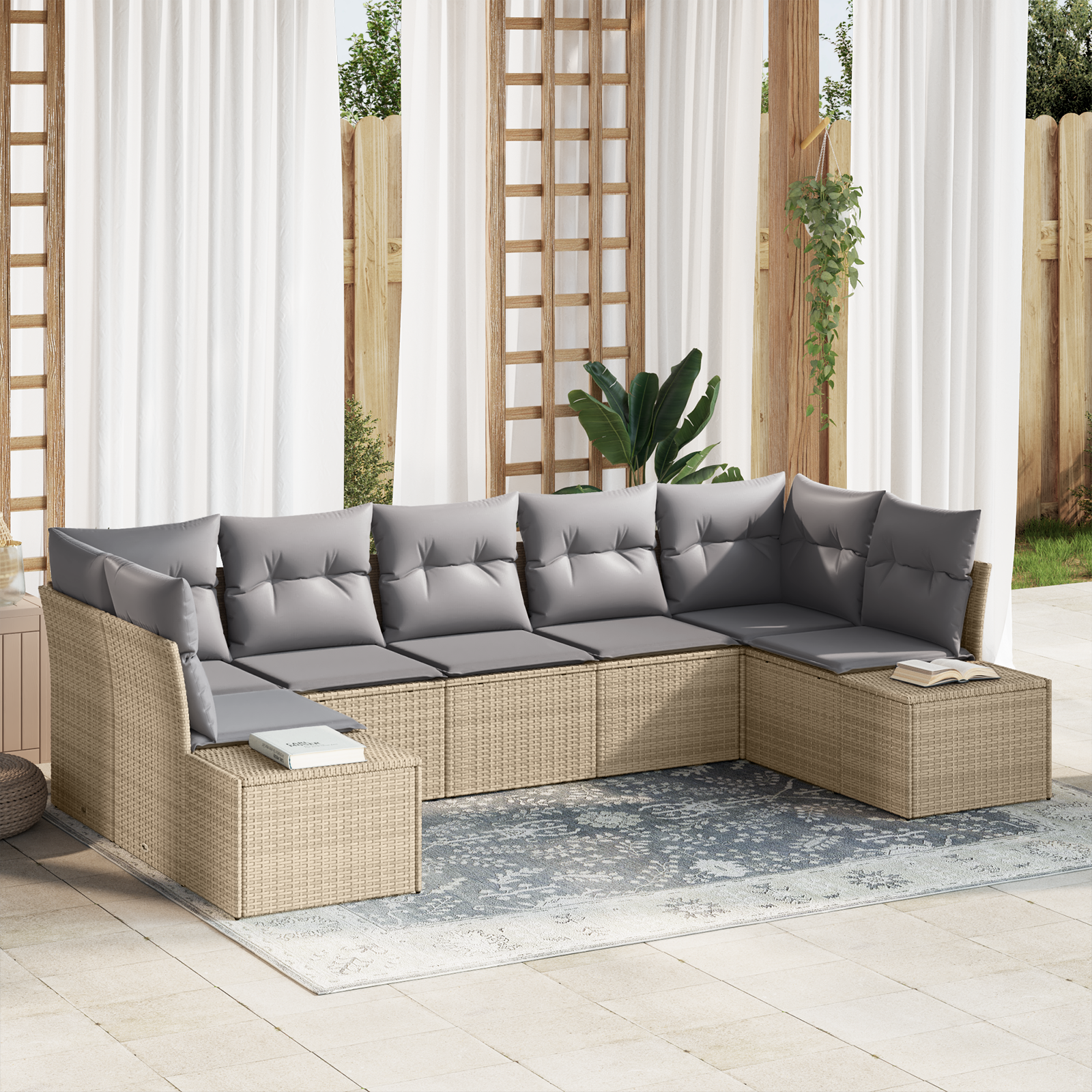 Set di divano da giardino da 7 pezzi con cuscini in rattan beige