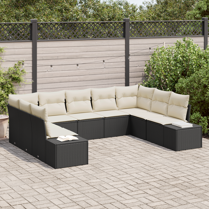 Set di divani da giardino da 9 pezzi con cuscini Nero Polyrattan