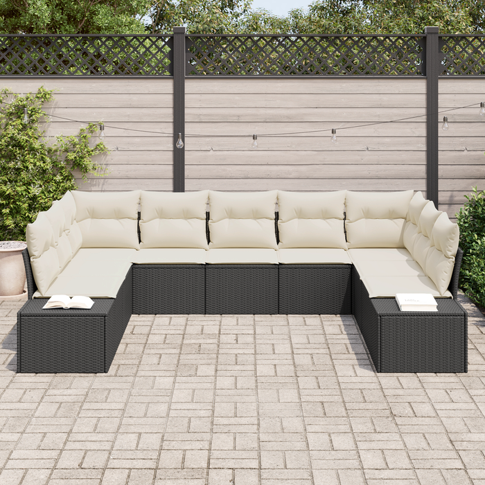 Set di divani da giardino da 9 pezzi con cuscini Nero Polyrattan
