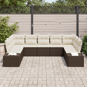 Set di Divani da Giardino 9 Pezzi con Cuscini in Rattan Poliestere Marrone