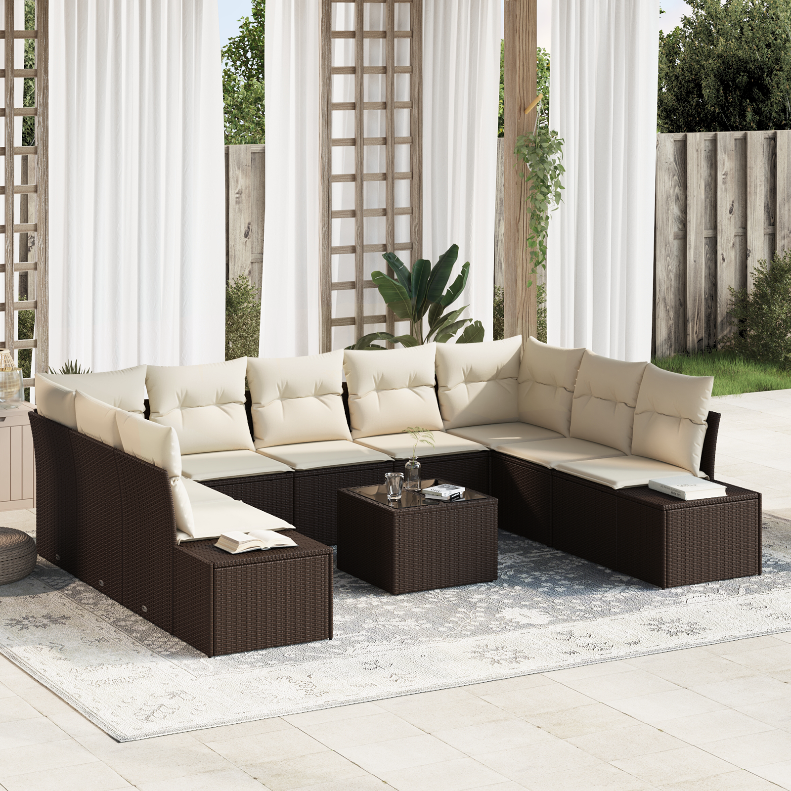 Set di divani da giardino da 9 pezzi con cuscini grigi in polyrattan