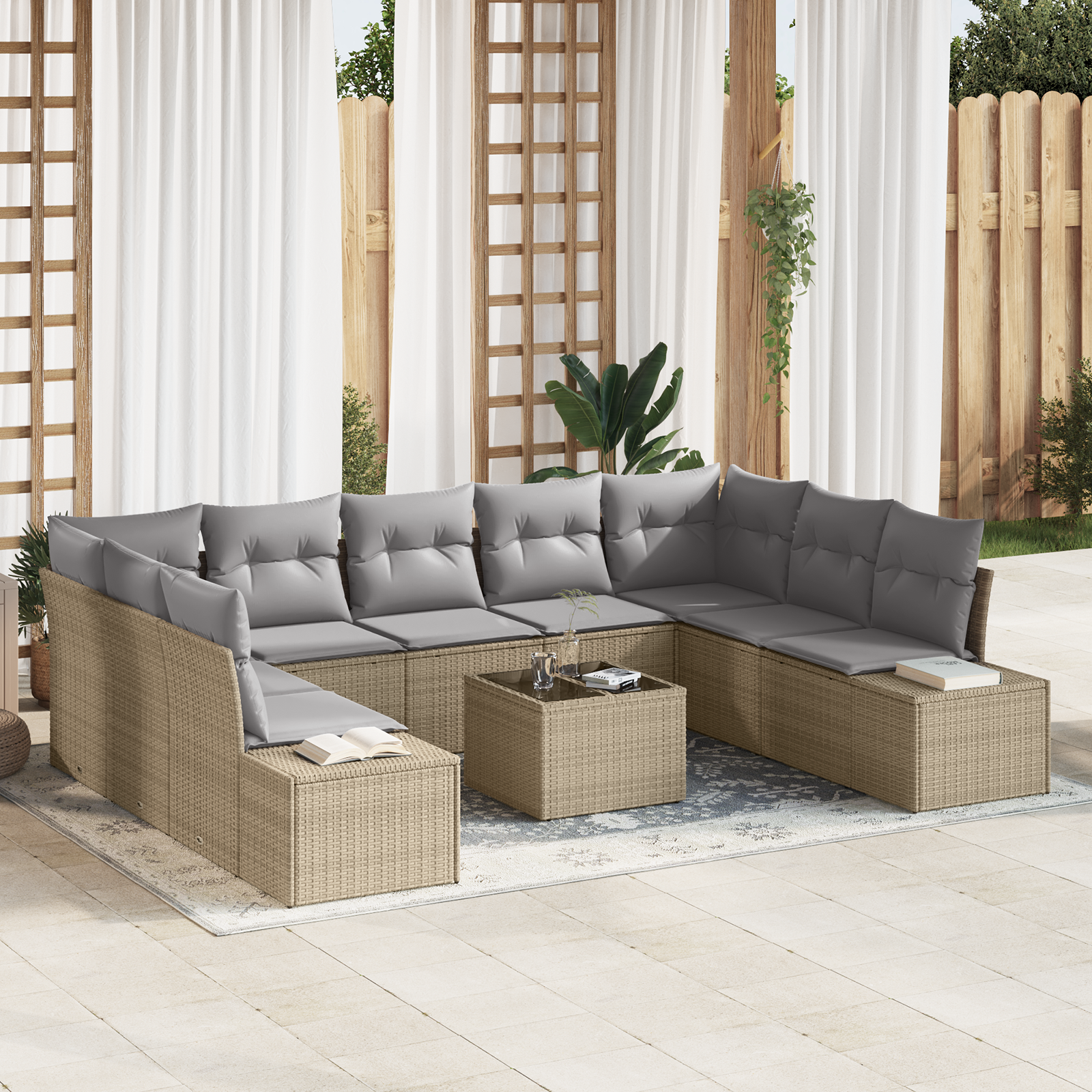Set divano da giardino da 10 pezzi con cuscini neri in polyrattan