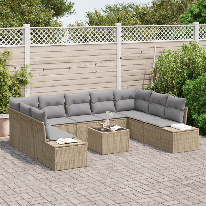 Set divano da giardino da 10 pezzi con cuscini neri in polyrattan