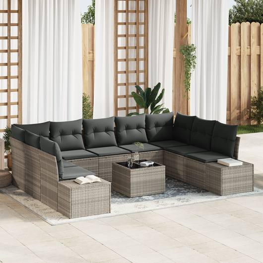 Set divano giardino 10 pezzi con cuscini in rattan grigio