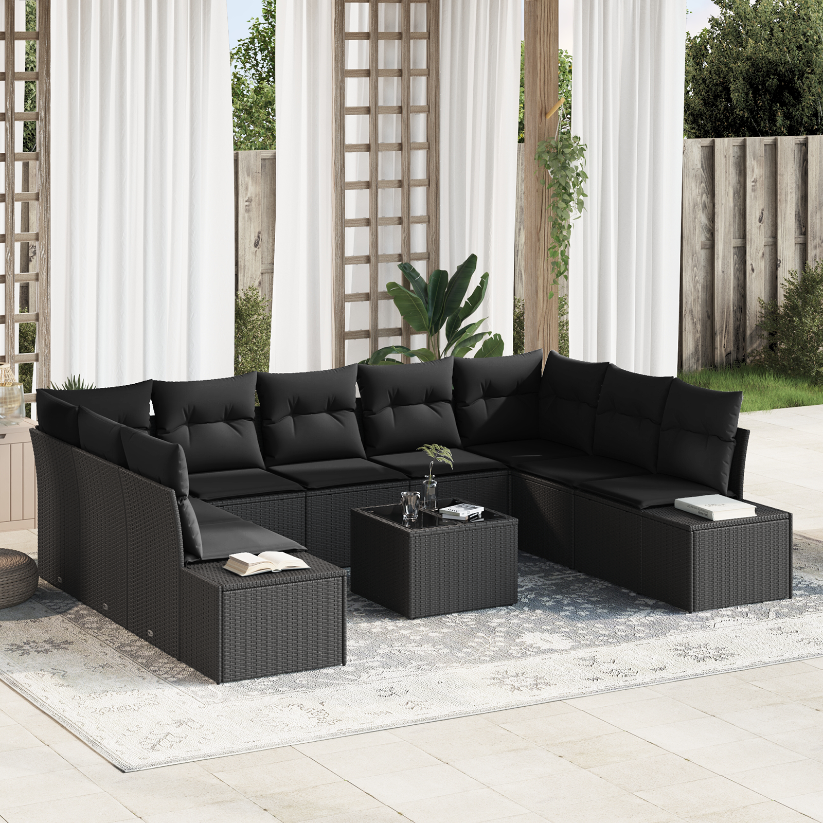 Set Divano da Giardino 10 Pezzi con Cuscini Beige Polyrattan