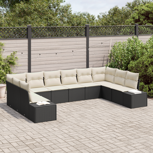 Set di divano da giardino 10 pezzi con cuscini Nero Polyrattan
