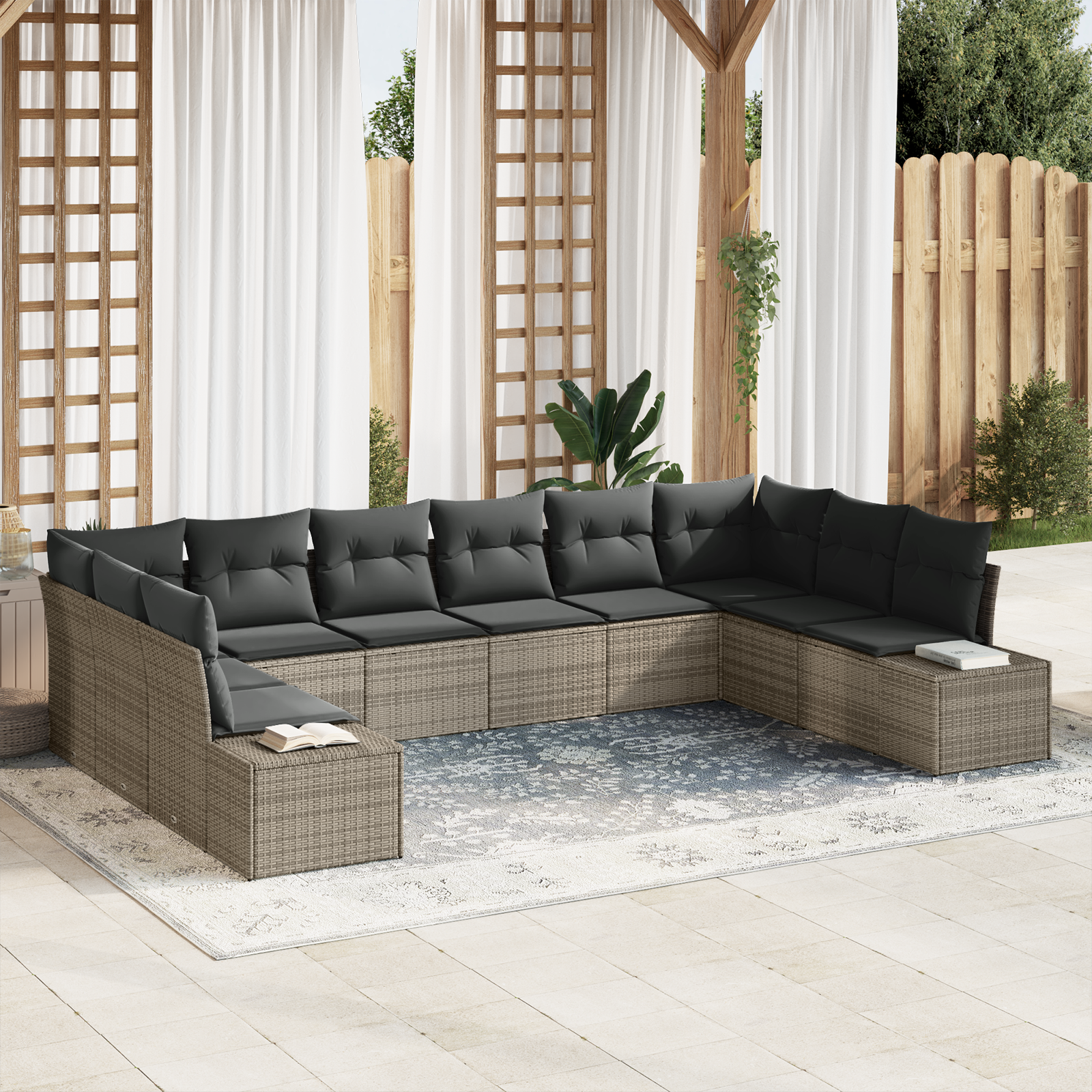 Set Divano da Giardino da 10 Pezzi con Cuscini Grigio Polyrattan