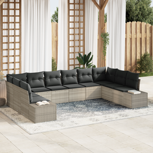 Set di divani da giardino da 10 pezzi con cuscini grigio chiaro in polyrattan