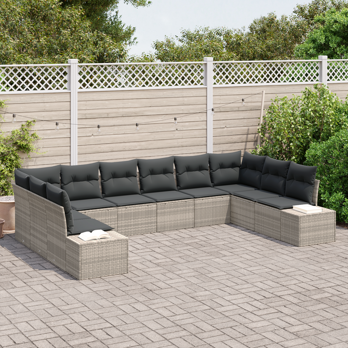 Set di divani da giardino da 10 pezzi con cuscini grigio chiaro in polyrattan