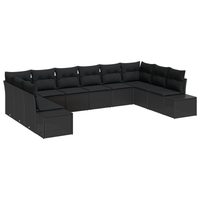 Set di divani da giardino 10 pezzi con cuscini Nero Polyrattan
