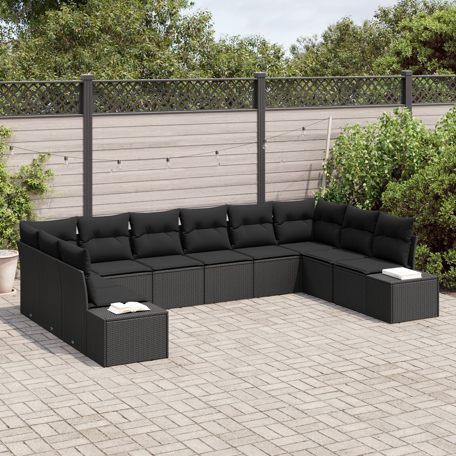 Set di divani da giardino 10 pezzi con cuscini Nero Polyrattan