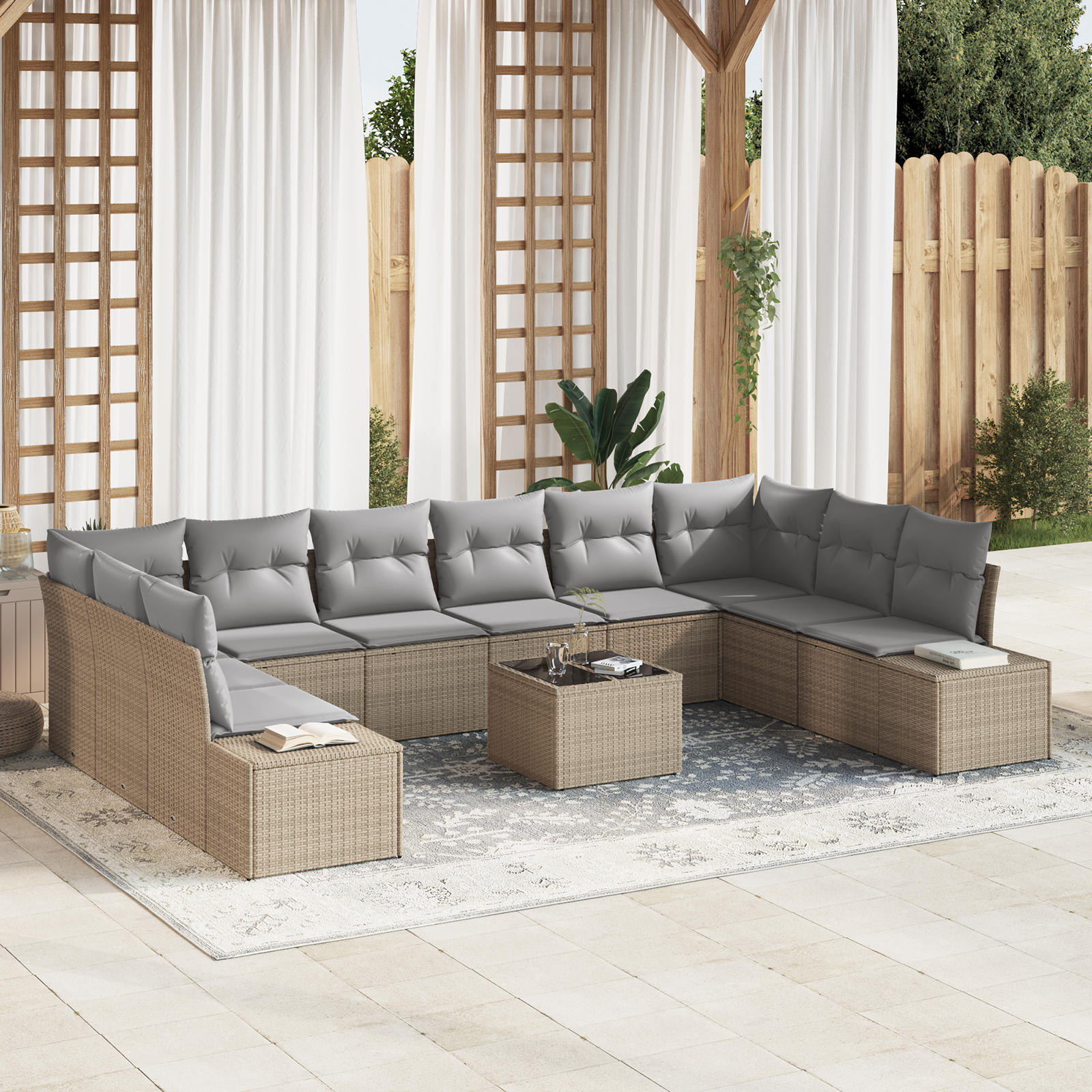 Set divani giardino 11 pezzi con cuscini in polyrattan nero