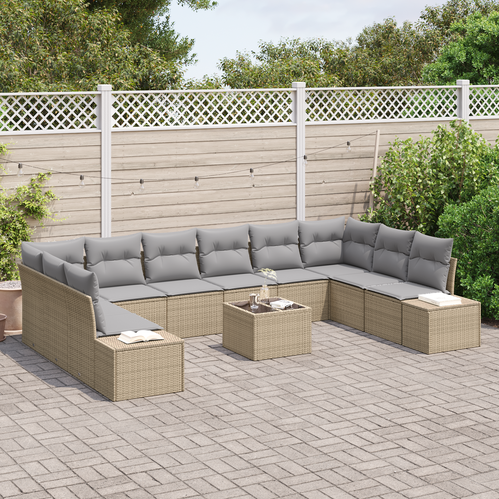 Set divani giardino 11 pezzi con cuscini in polyrattan nero