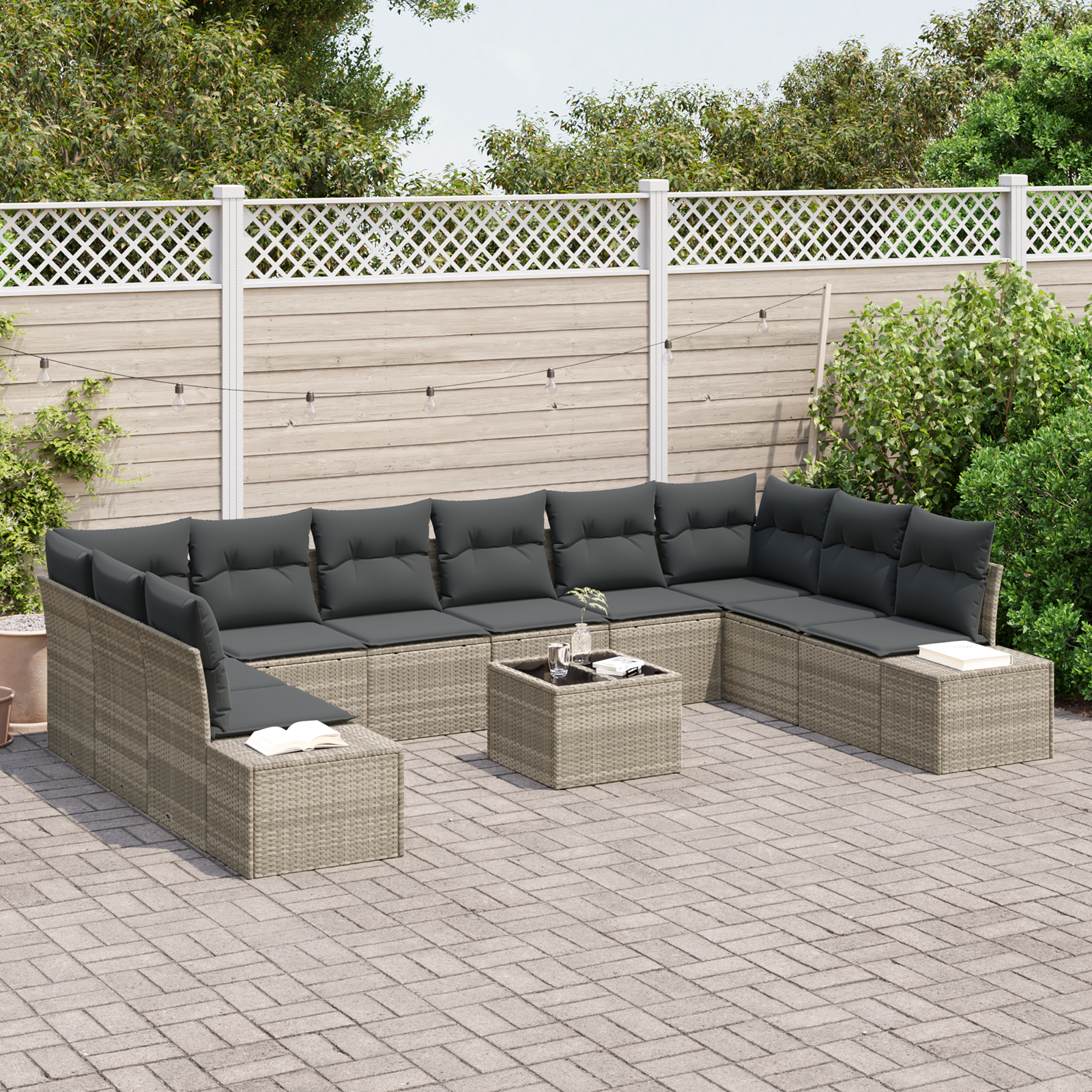 Set di divani da giardino 11 pezzi con cuscini Grigio Polyrattan