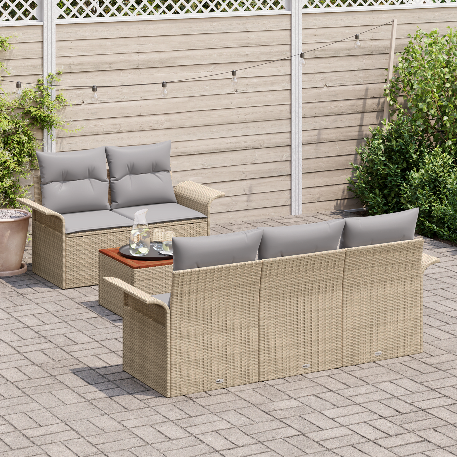Set Divano Giardino  6 Pezzi Cuscini Beige Polyrattan Acacia