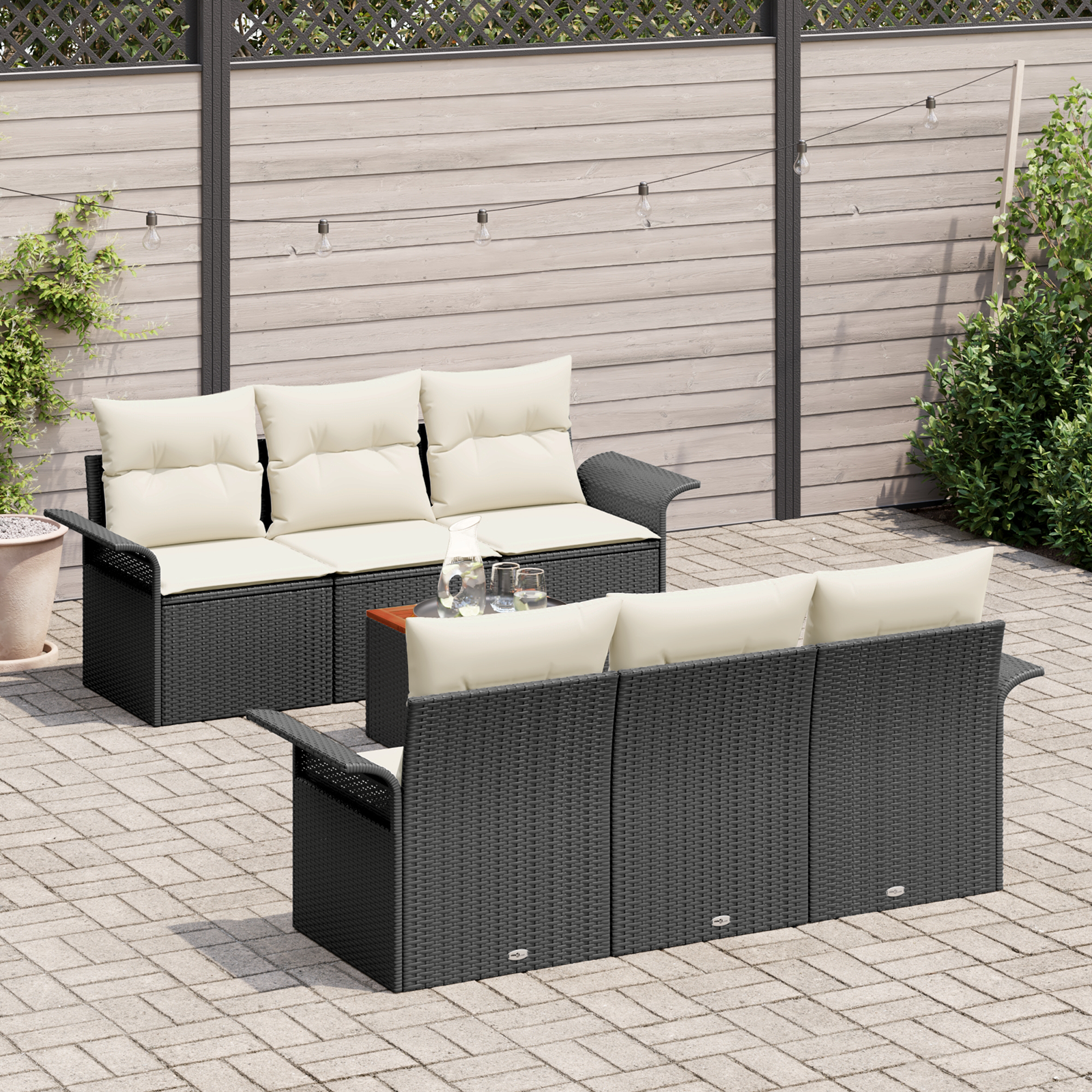 Set di Divani da Giardino  da 7 Pezzi con Cuscini Rattan Nero Acacia