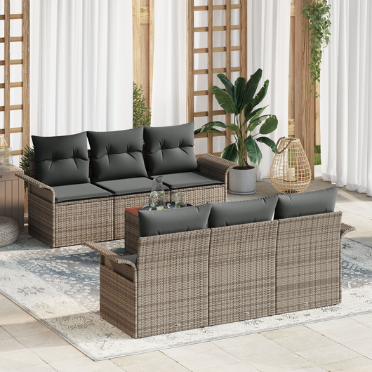 Set di divani da giardino 7 pezzi con cuscini Grigio Polyrattan Acacia