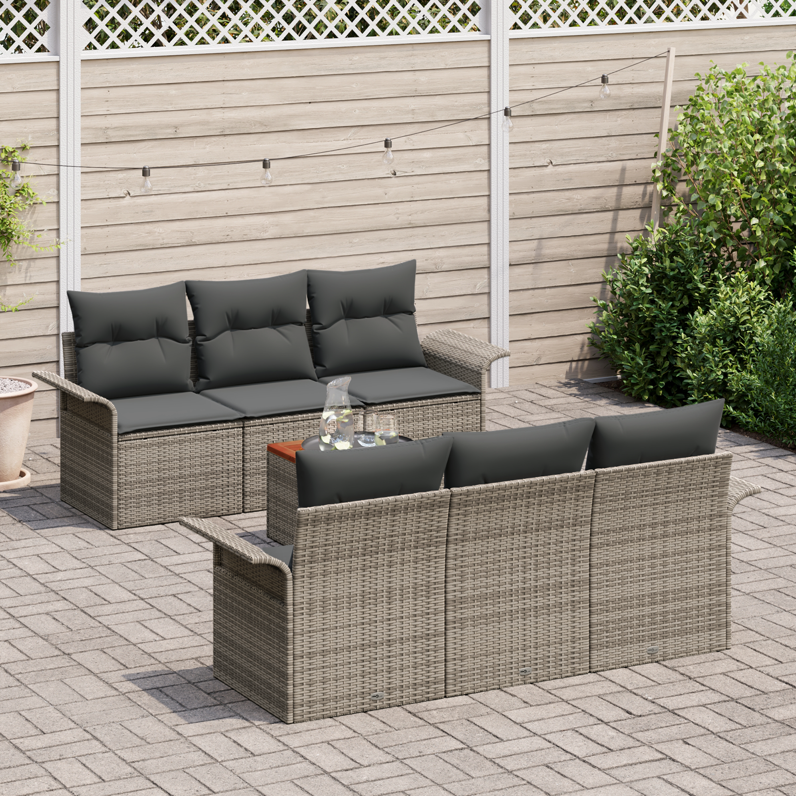 Set di divani da giardino 7 pezzi con cuscini Grigio Polyrattan Acacia