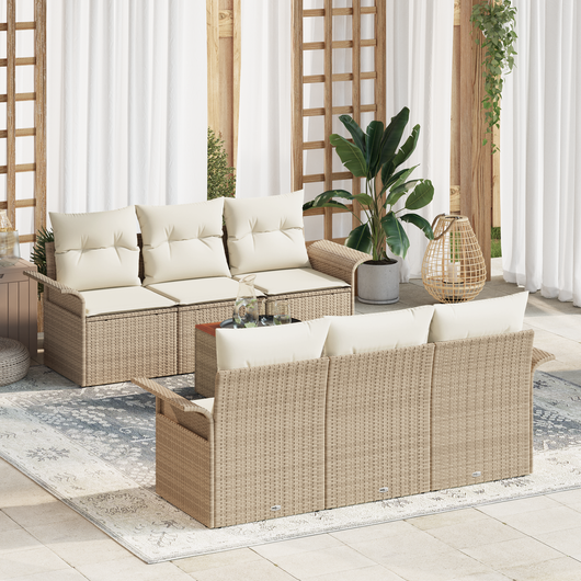 Set Divano Giardino 7 Pezzi con Cuscini Beige Poly Rattan Acacia