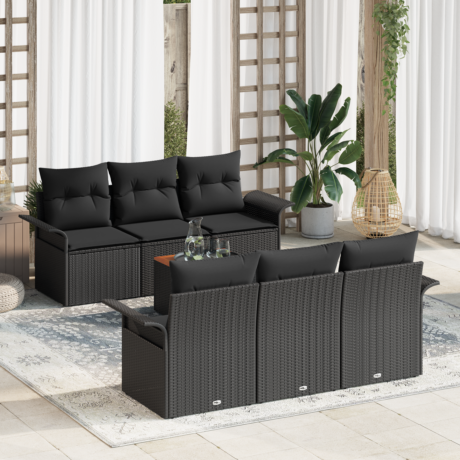 Set Divano 7 Pezzi da Giardino con Cuscini Nero Polyrattan Acacia