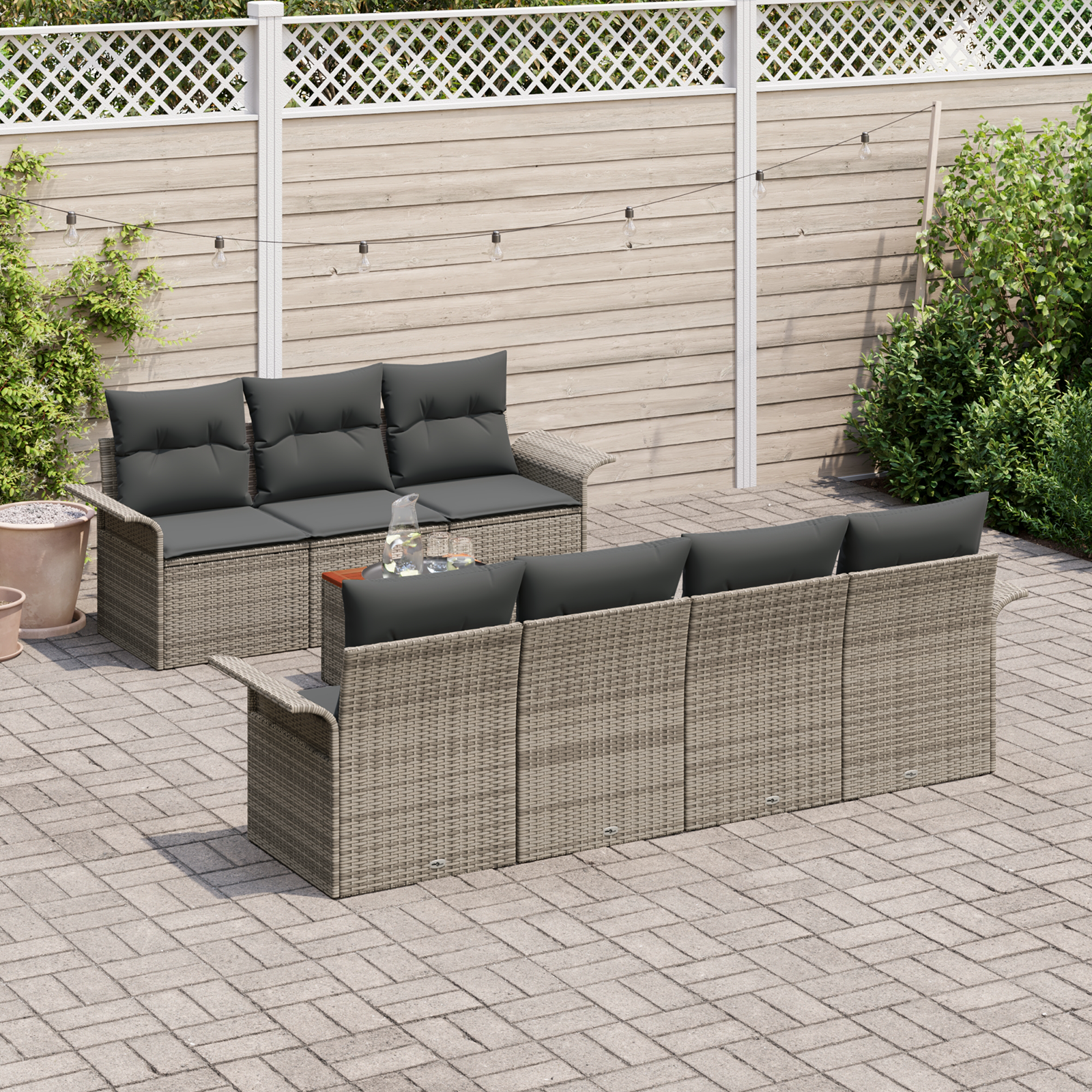 Set Divano da Giardino in 8 Pezzi con Cuscini Grigio Polyrattan Acacia