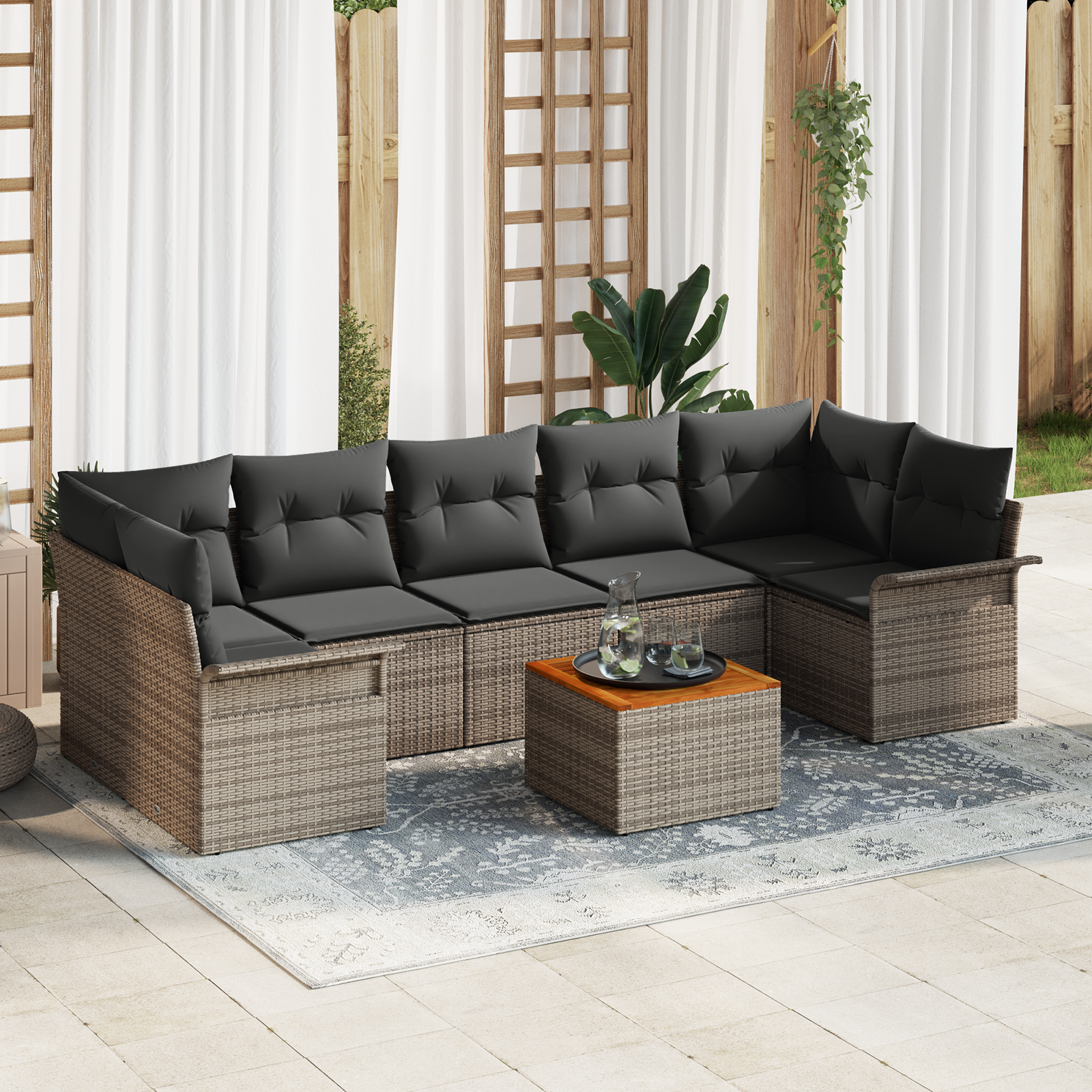 Set di divano da giardino 8 pezzi con cuscini in polyrattan grigio Acacia