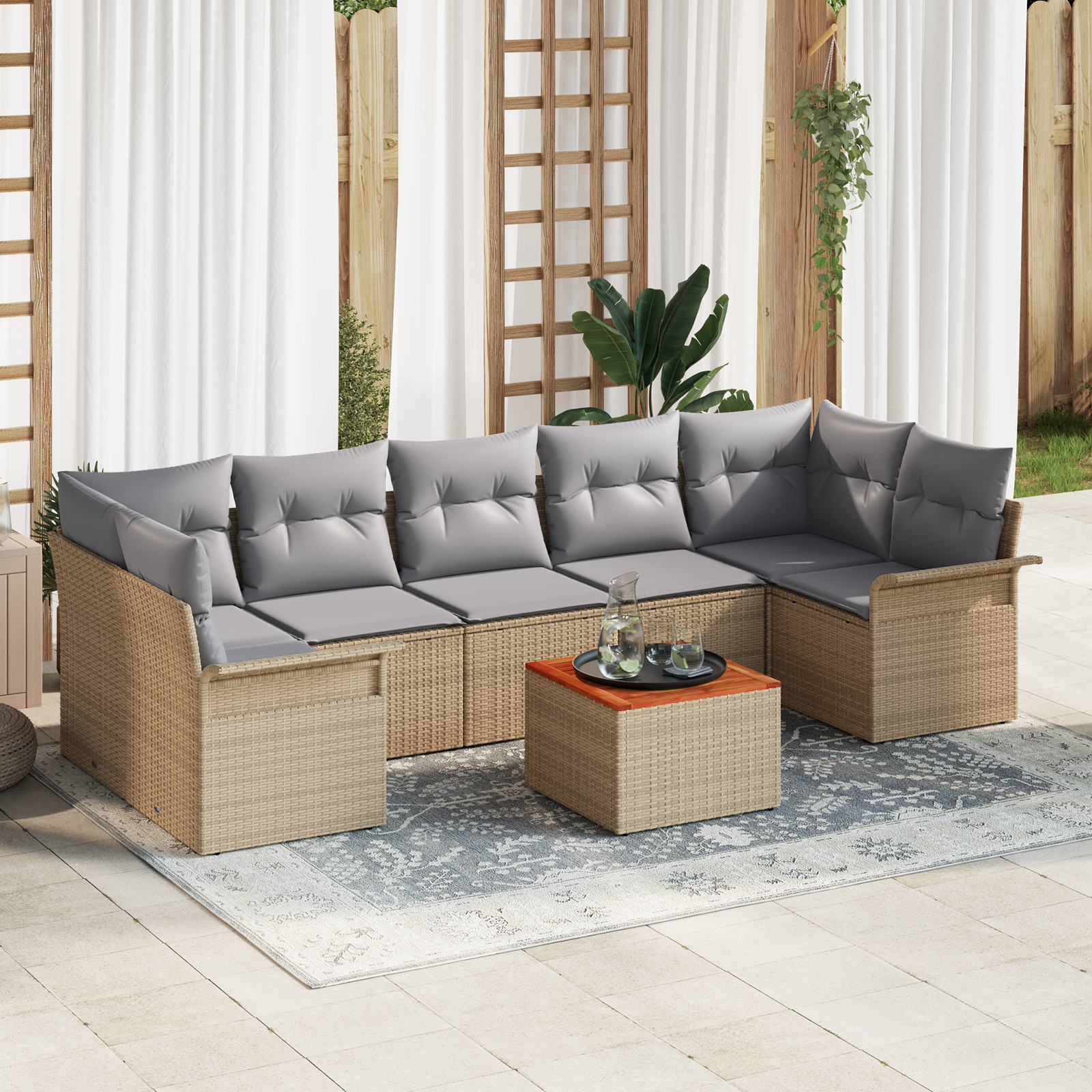 Set di divani da giardino in 8 pezzi con cuscini beige in rattan poly e acacia