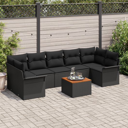 Set di Divano da Giardino 8 Pezzi con Cuscini Nero Polyrattan Acacia