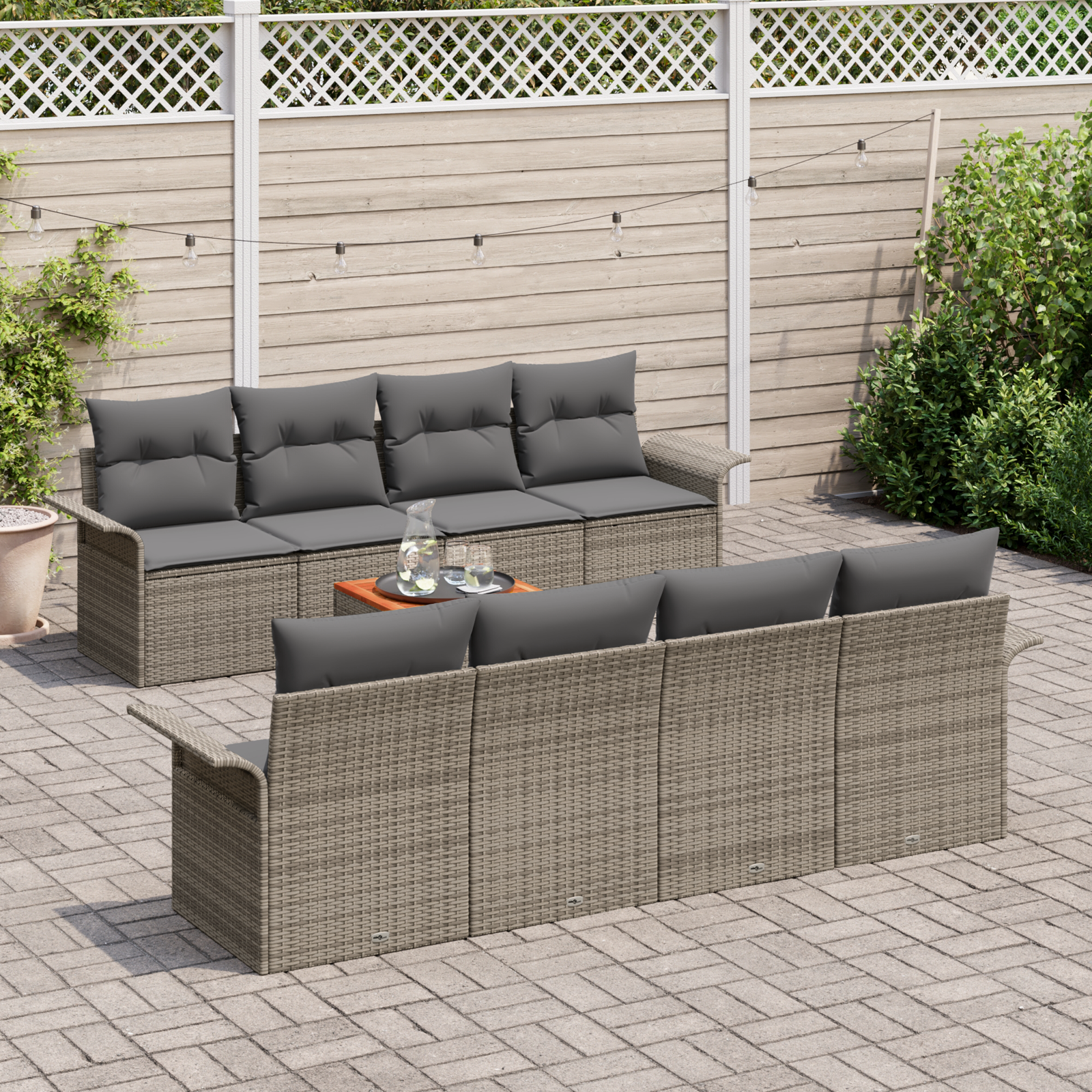 Set Divano da Giardino con Cuscini  9 Pezzi Grigio Polyrattan Acacia