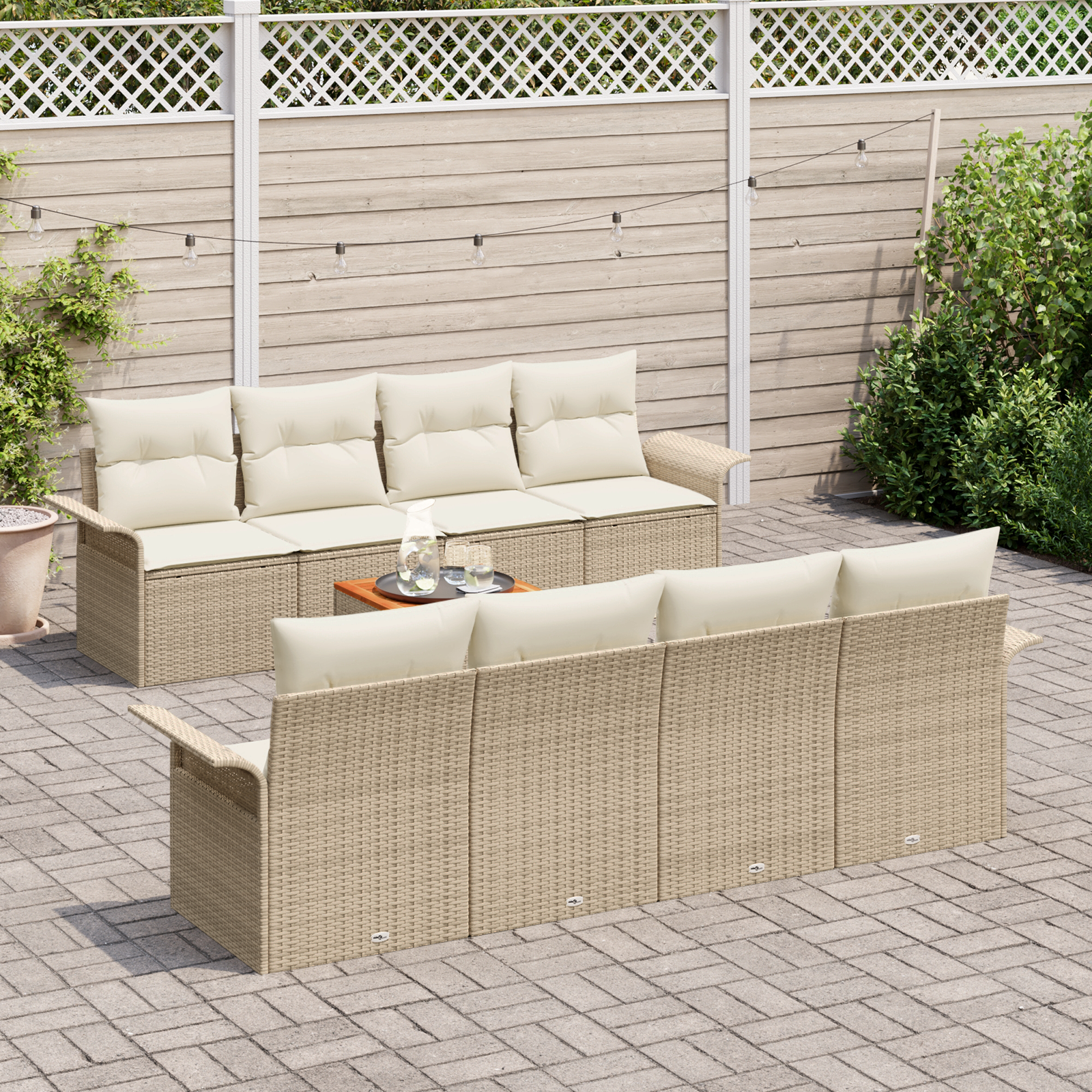 Set Divano da Giardino  9 Pezzi con Cuscini Beige Polyrattan Acacia