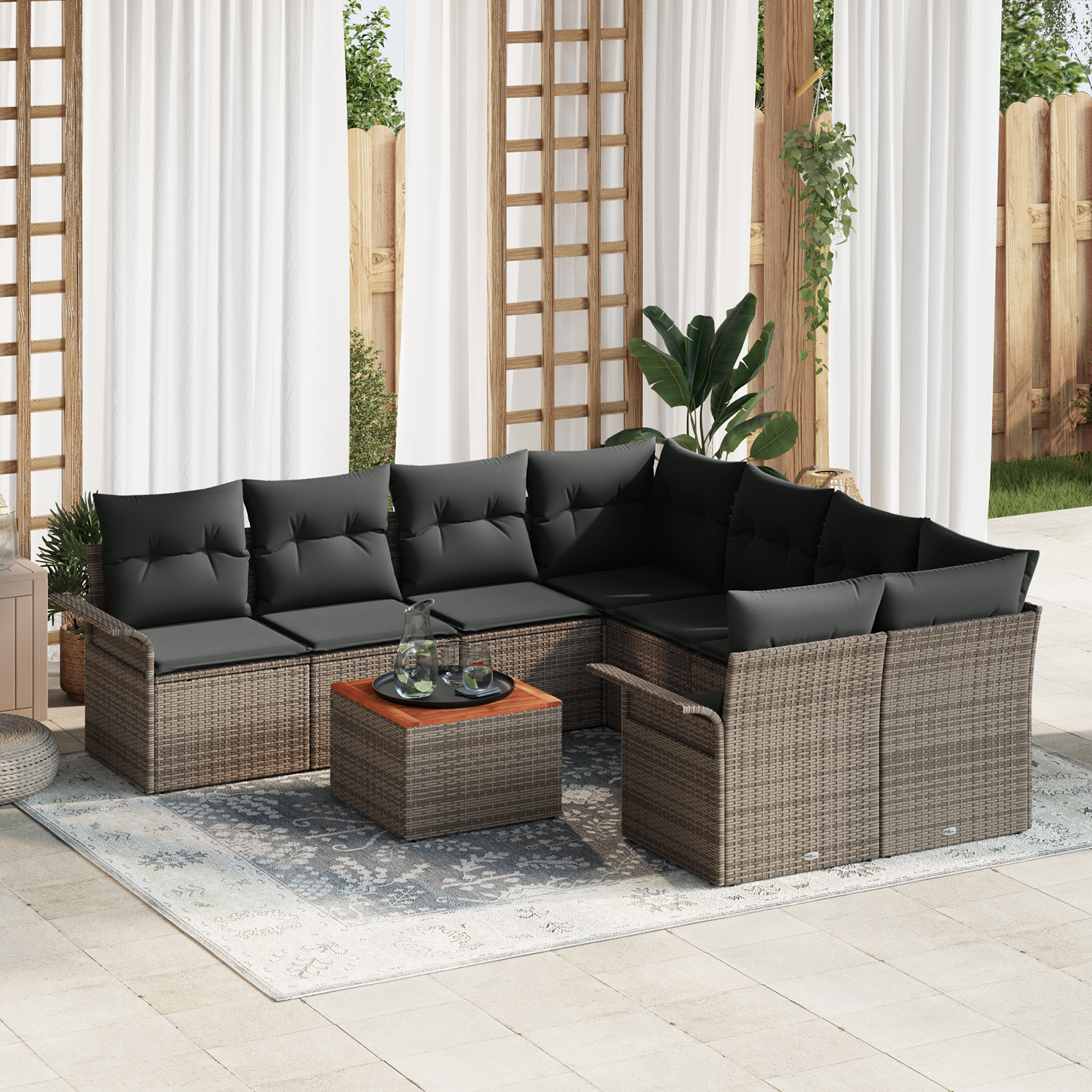 Set di Divani da Giardino  9 Pezzi con Cuscini Grigio Polyrattan Acacia