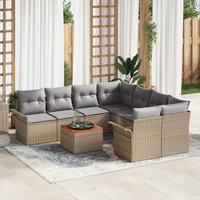 Set di Divani da Giardino 9 Pezzi con Cuscini Beige Poly Rattan Acacia